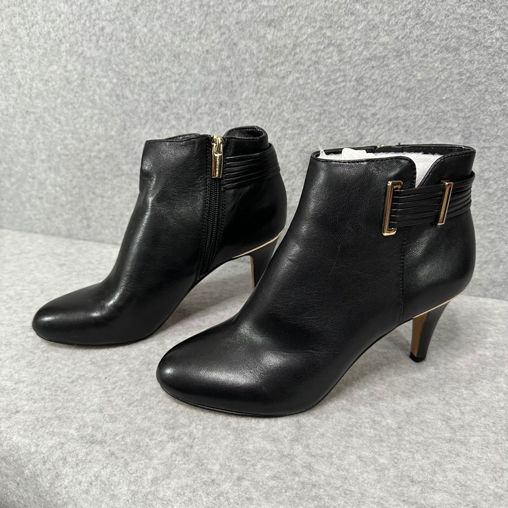 Vince Camuto Vinisha Black Leather Ankle Boots Gold Hardware Stiletto 6.5M 37
